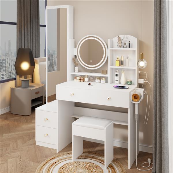 Full Body Mirror Cabinet + Round Mirror LED Vanity Table + Cushioned Stool, With 2 AC + 2 USB Power Station,17" diameter LED Mirror, Touch Control, 3-color, Brightness adjustable, Large desktop