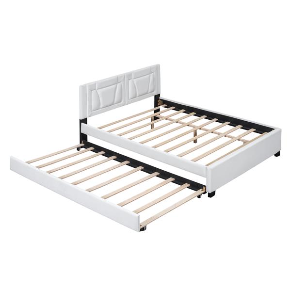 Queen Size Upholstered Platform Bed with Headboard and Twin Size Trundle, White