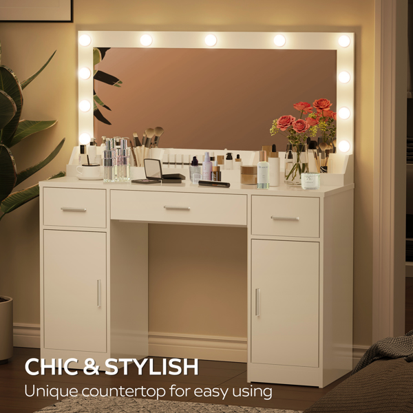 47.2"Vanity Desk with Large Mirror, 3 Colour Lighting Modes, Adjustable Brightness, Dresser with 3 Drawers & 2 Vertical Cabinets, Makeup Vanity Table for Women & Girls (White) 