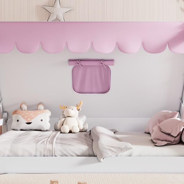 Wooden Full Size Tent Bed with Fabric for Kids,Platform Bed with Fence and Roof, White+Pink