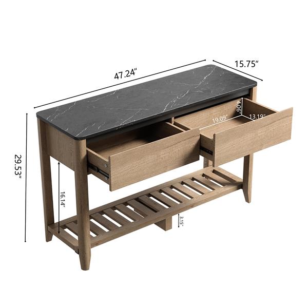 47 Inch Modern Farmhouse Double Drawers Console Table for Living Room or Entryway, Tobacco Wood and Black Marble Texture