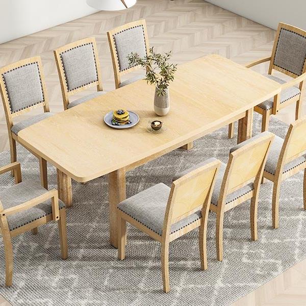 Rustic Extendable 84inch Dining Table Set with 24inch Removable Leaf , 6 Upholstered Armless Dining Chairs and 2 Padded Arm Chairs, 9 Pieces, Natural