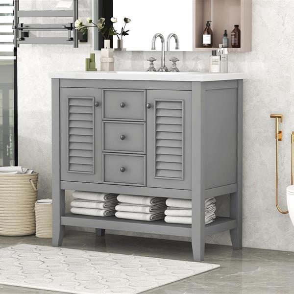 36" Bathroom Vanity with Ceramic Basin, Two Cabinets and Drawers, Open Shelf, Solid Wood Frame, Grey