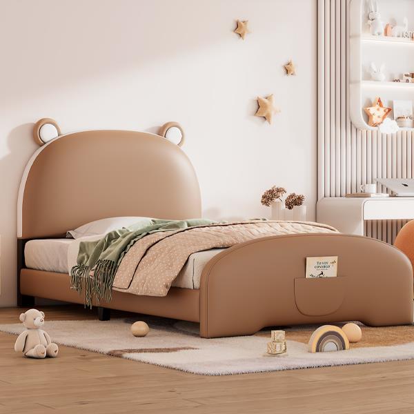 Twin Size Upholstered Platform Bed with Bear-shaped Headboard and Footboard,Brown+White