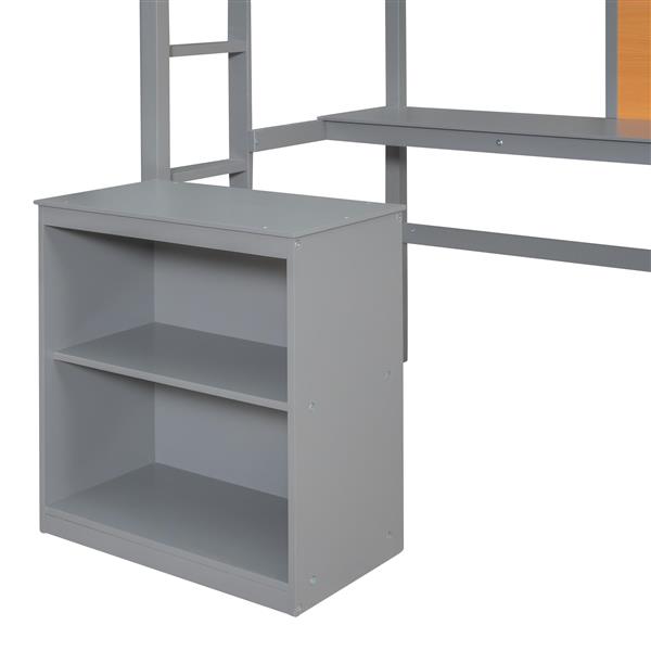 Twin size Loft Bed with Desk and Writing Board, Wooden Loft Bed with Desk & 2 Drawers Cabinet- Gray