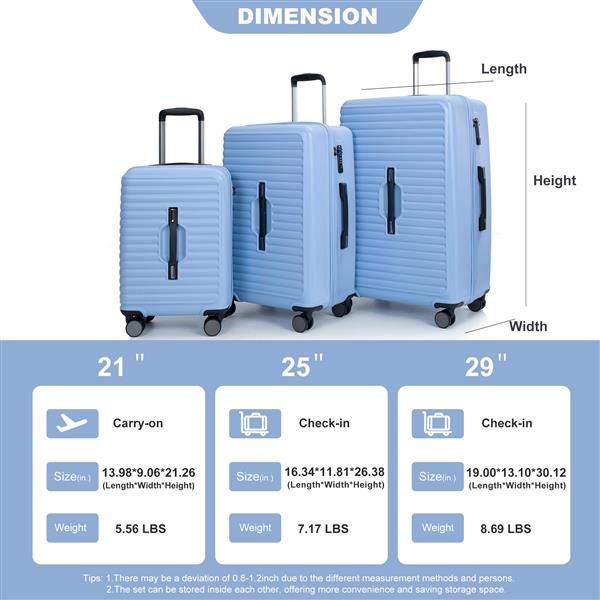 3 Piece Luggage Sets PC+ABS Lightweight Suitcase with Two Hooks, 360° Double Spinner Wheels, TSA Lock, (21/25/29) Light Blue