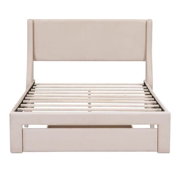 Full Size Storage Bed Velvet Upholstered Platform Bed with a Big Drawer - Beige