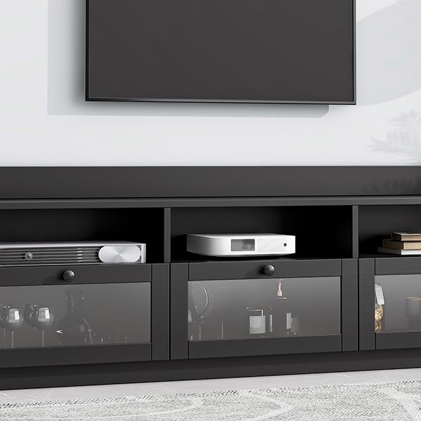 Sleek & Modern Design TV Stand with Acrylic Board Door, Chic Elegant Media Console for TVs Up to 65", Ample Storage Space TV Cabinet with Black Handles, Black