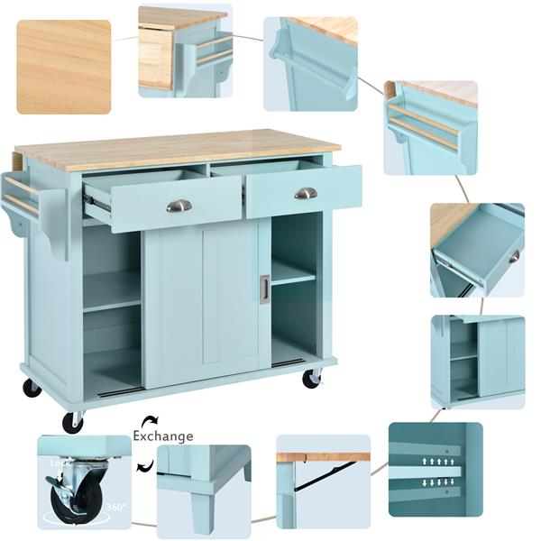 Kitchen Cart with Rubber wood Drop-Leaf Countertop, Concealed sliding barn door adjustable height,Kitchen Island on 4 Wheels with Storage Cabinet and 2 Drawers,L52.2xW30.5xH36.6 inch, Mint Green