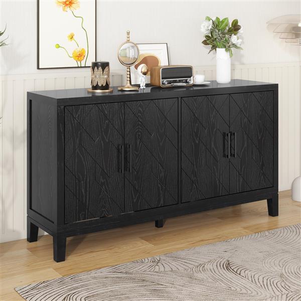 4-door Retro Sideboard with Adjustable Shelves, Two Large Cabinet with Long Handle, for Living Room and Dining Room (Black)