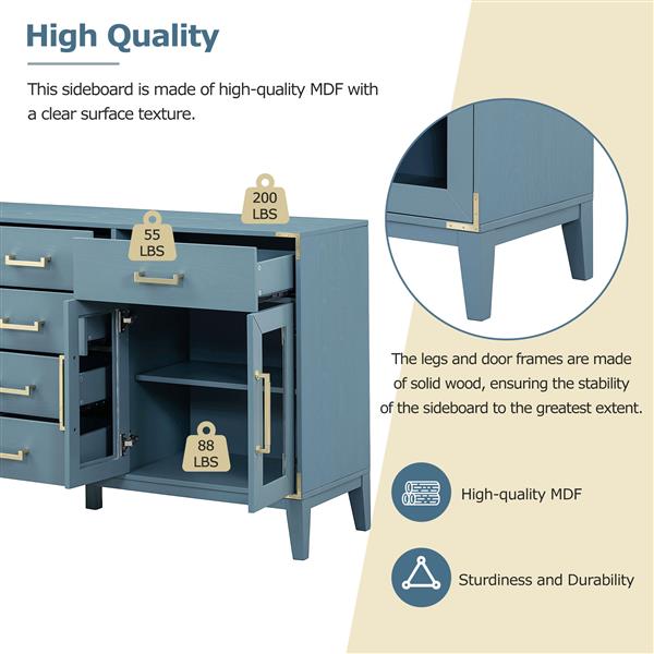 6-drawer and 2-Cabinet Retro Sideboard with Extra Large Storage Space, with ld Handles and Solid Wood Legs, for Kitchen and Living Room (Antique Blue)