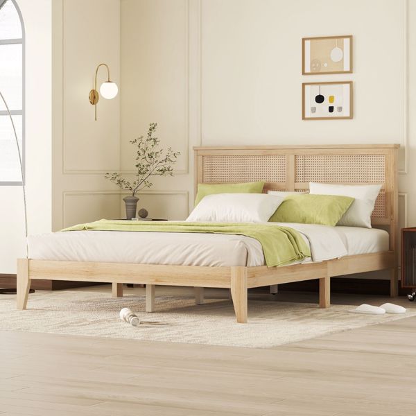 Queen Size Rubber Wooden, Solid Wooden Bed with Rattan Headboard, Enhanced by Support Feet 