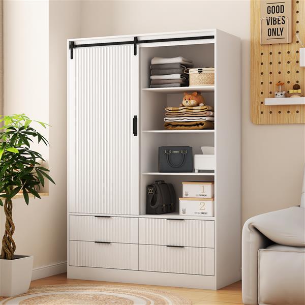 Tall Bedroom Armoire Wardrobe Closet Clothing Storage Cabinet with Hanging Rod Barn Door Drawers Open Shelves