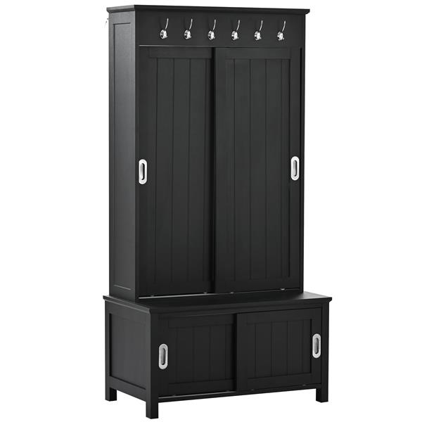 Multifunctional Hall Tree with Sliding Doors, Wooden Hallway Shoe Cabinet with Storage Bench and Shelves, Mudroom Coat Storage with Hanging Hooks for Entryways, Black