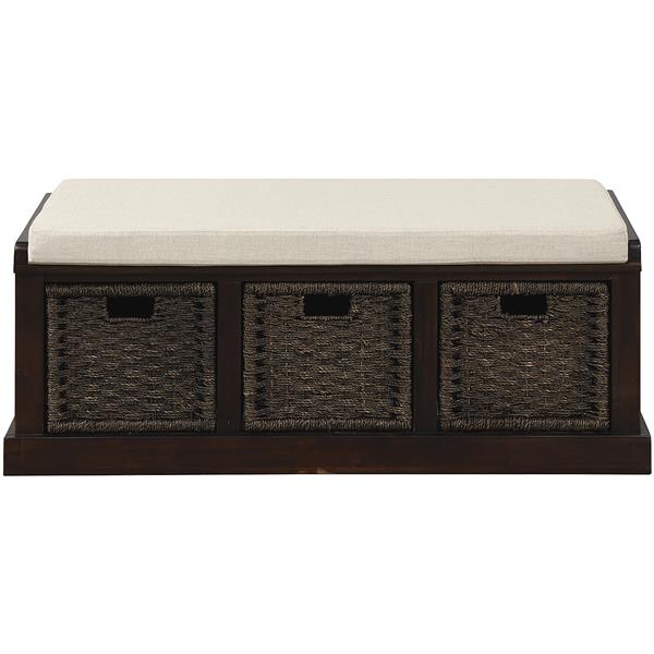 Rustic Storage Bench with 3 Removable Classic Rattan Basket , Entryway Bench with Removable Cushion (Espresso)