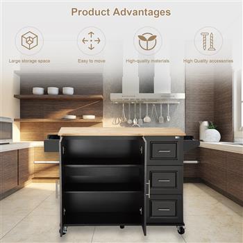 Kitchen Island & Kitchen Cart, Mobile Kitehcn Island with Extensible Rubber Wood Table Top,adjustable Shelf Inside Cabinet for Different Utensils, 3 Big Drawers, with Spice Rack, Towel Rack, Black-Bee