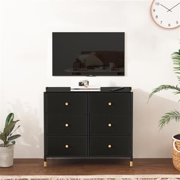 Drawer Dresser,Tall Dresser with 6 PU Leather Front Drawers, Storage Tower with Fabric Bins, Double Dresser, Chest of Drawers for Closet, Living Room, Hallway, Children's Room, color:Black