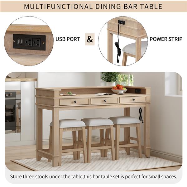 4-piece Dining Bar Table Set with 3 Upholstered Stools, Multifunctional Dining Table with 3 Drawers (Natural Wood Wash)