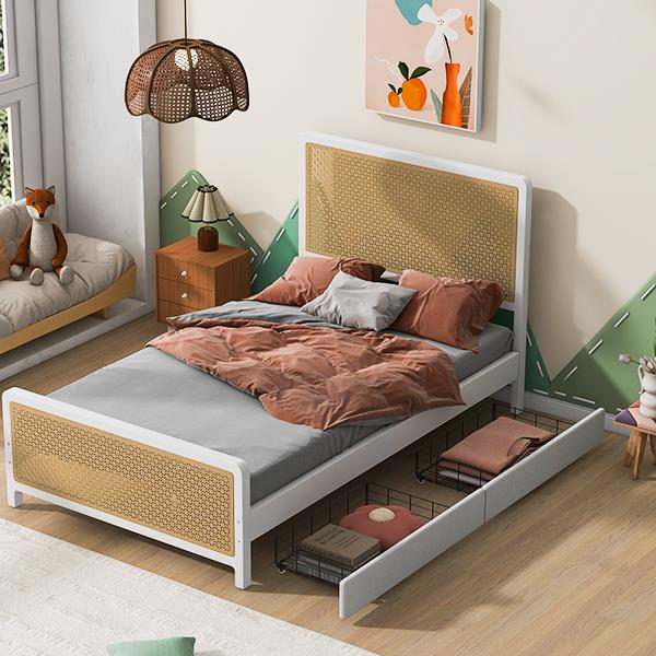 Full Size Metal Platform Bed with 2 Drawers, White