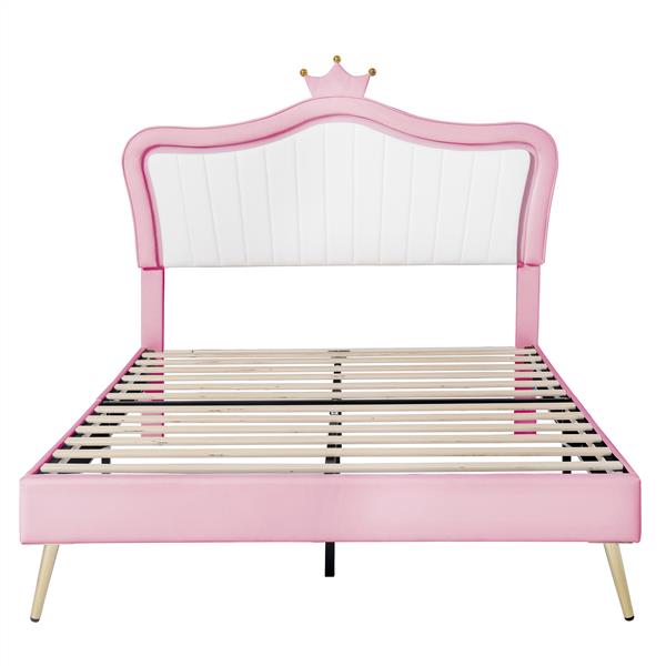 Queen Size Upholstered Bed Frame with LED Lights,Modern Upholstered Princess Bed With Crown Headboard,White+Pink