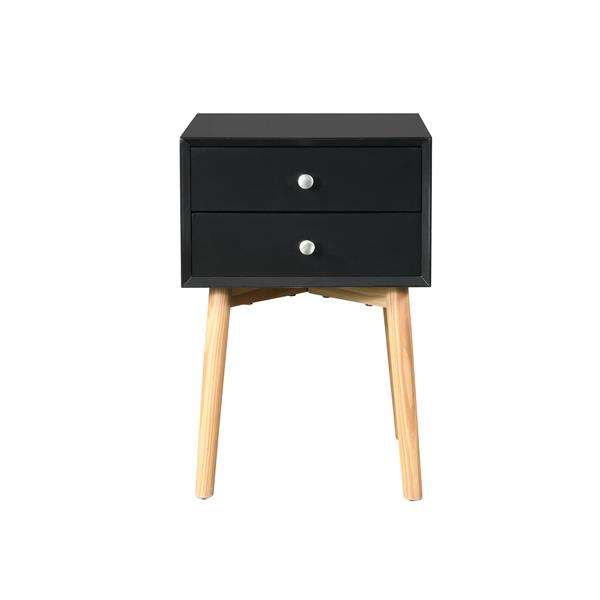 Side Table,Bedside Table with 2 Drawers and Rubber Wood Legs, Mid-Century Modern Storage Cabinet for Bedroom Living Room, Black