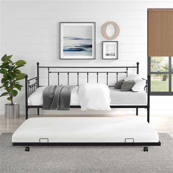 Metal Twin Daybed with Trundle/ Heavy-duty Sturdy Metal/ Noise Reduced/ Trundle for Flexible Space/ Vintage Style/ No Box Spring Needed