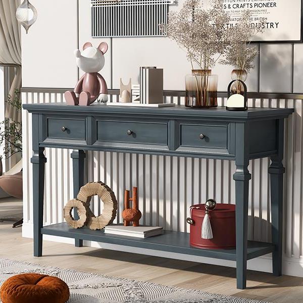 Classic Retro Style Console Table with Three Top Drawers and Open Style Bottom Shelf, Easy Assembly (Navy)