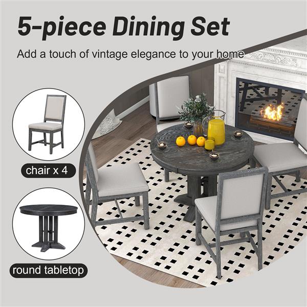 5-Piece Dining Set Extendable Round Table and 4 Upholstered Chairs Farmhouse Dining Set for Kitchen, Dining Room(Black)