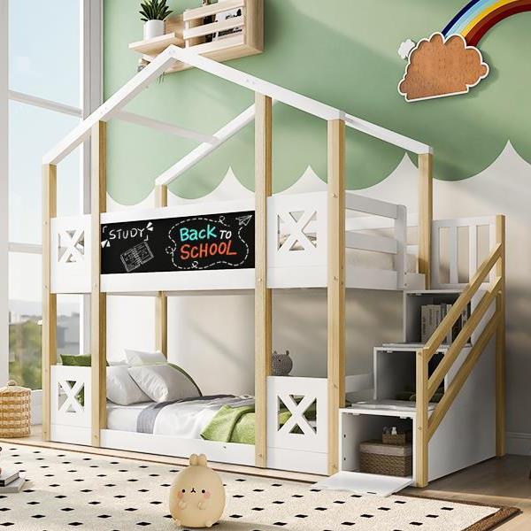 Twin over Twin House Bunk Bed with White Storage Staircase and Blackboards, White