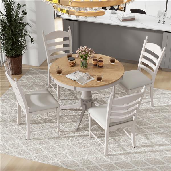 5-Piece Retro Functional Dining Table Set Wood Round Extendable Dining Table and 4 Upholstered Dining Chairs (Off White)