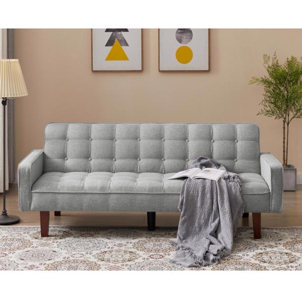 Grey, Linen Futon Sofa Bed 73.62 Inch Fabric Upholstered Convertible Sofa Bed, Minimalist Style for Living Room, Bedroom.