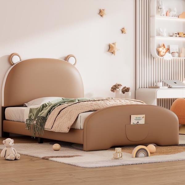 Twin Size Upholstered Platform Bed with Bear-shaped Headboard and Footboard,Brown+White