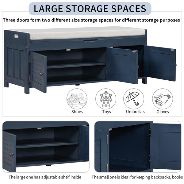 Storage Bench with 3 Shutter-shaped Doors, Shoe Bench with Removable Cushion and Hidden Storage Space (Antique Navy)