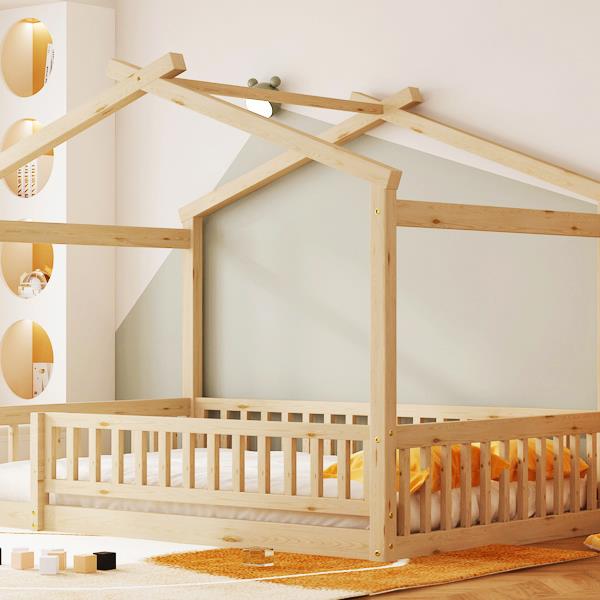 Full Size Wood Bed House Bed Frame with Fence, for Kids, Teens, Girls, Boys,Natural