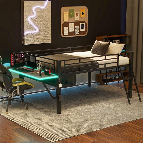 Gaming mid loft bed with desk, LED, Full, Black