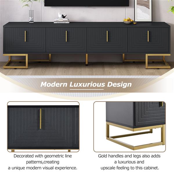 Modern TV Stand with Metal Legs and Gold Handles for TVs Up to 80'', Media Console Table with Cabinets and Adjustable Shelves, Luxury TV Cabinet with Geometric Lines for Living Room, Black