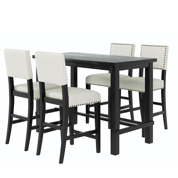 5-Piece Counter Height Dining Set, Classic Elegant Table and 4 Chairs in Espresso and Beige