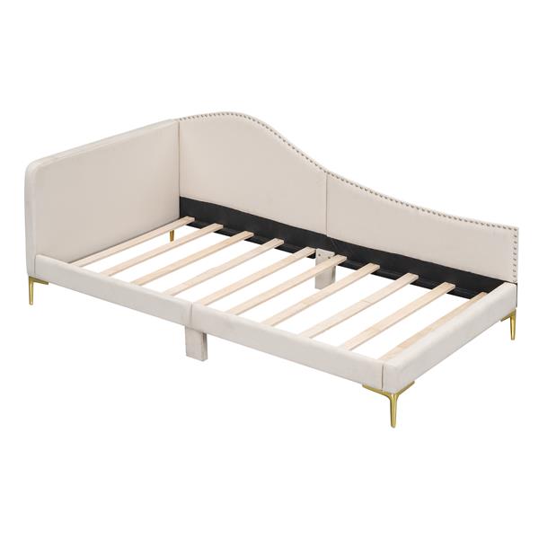 Twin Size Upholstered Daybed with Headboard and Armrest, Support Legs, Beige