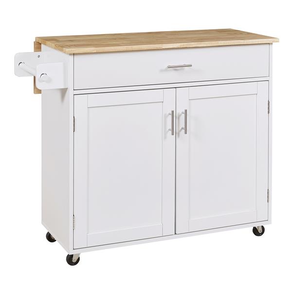 K&K Rolling Kitchen Island with Storage, Kitchen Cart with Rubber Wood Top, Spacious Drawer with Divider and Internal Storage Rack, Kitchen Island on Wheels with Adjustable Shelf Tower Rack, White