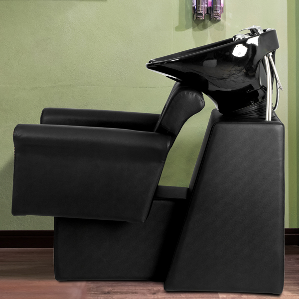 PVC leather plywood rear seat ceramic black basin acrylic backrest rivet style armrest hair washing chair black