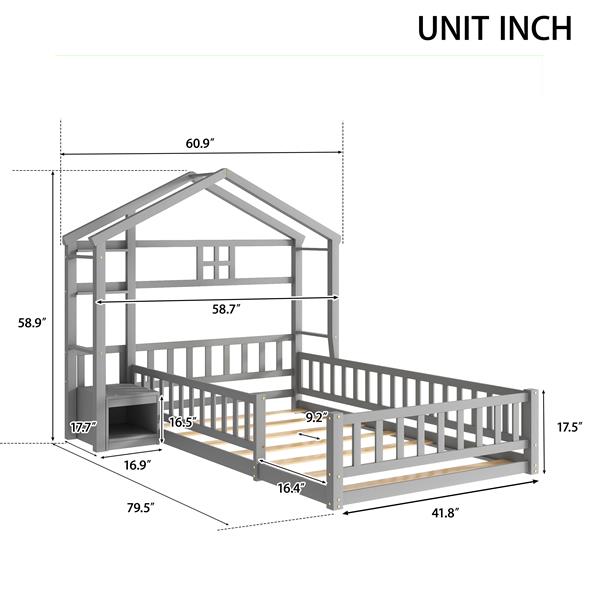 Twin Size House-Style Headboard Floor Bed with Fence Guardrails,Gray