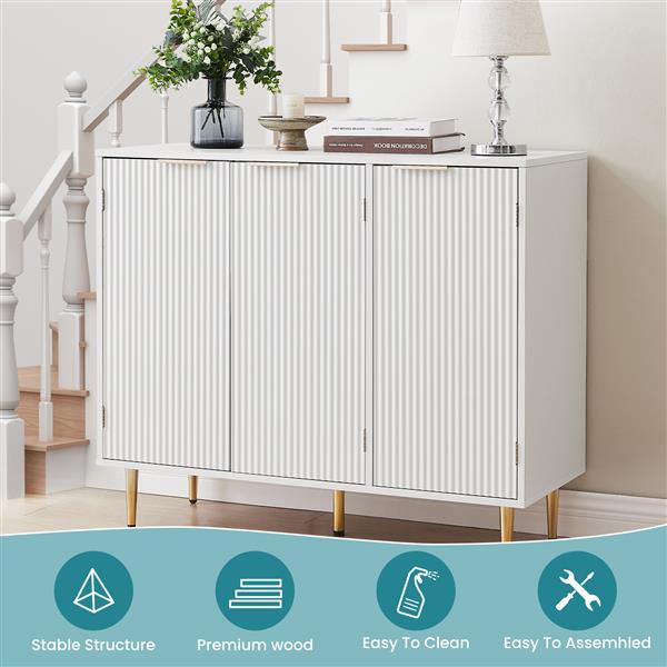 Storage cabinet Wave pattern three door buffets & sideboards for living room, dining room, bedroom , hall, white, 39.4''w x 15.8''d x 33.5''h.