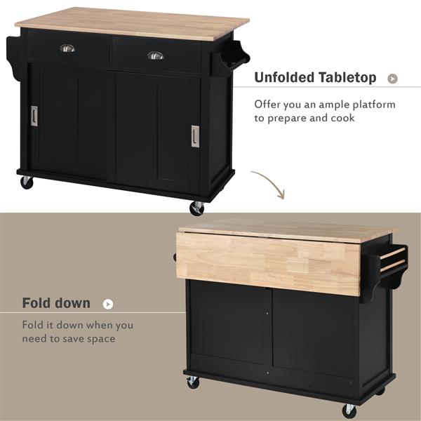 Kitchen Cart with Rubber wood Drop-Leaf Countertop, Concealed sliding barn door adjustable height,Kitchen Island on 4 Wheels with Storage Cabinet and 2 Drawers,L52.2xW30.5xH36.6 inch, Black