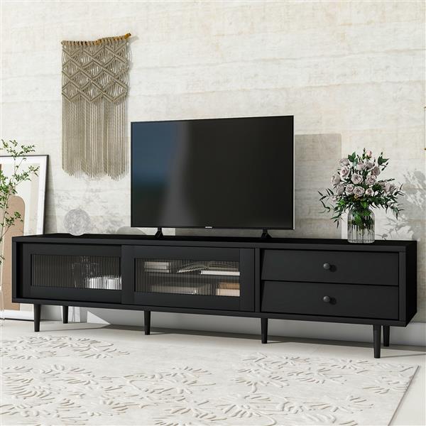 Chic Elegant Design TV Stand with Sliding Fluted Glass Doors, Slanted Drawers Media Console for TVs Up to 75", Modern TV Cabinet with Ample Storage Space, Black