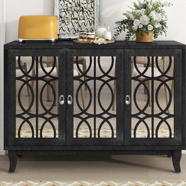 Sideboard with Glass Doors, 3 Door Mirrored Buffet Cabinet with Silver Handle for Living Room, Hallway, Dining Room (Black)