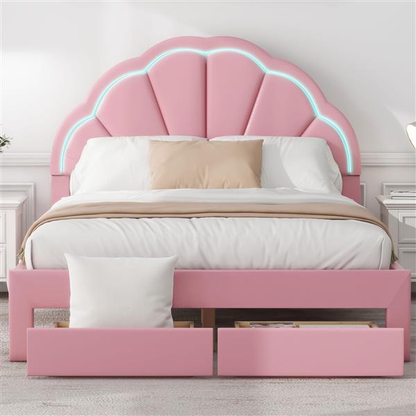 Full Size Upholstered Platform Bed with Seashell Shaped Headboard, LED and 2 Drawers, Pink