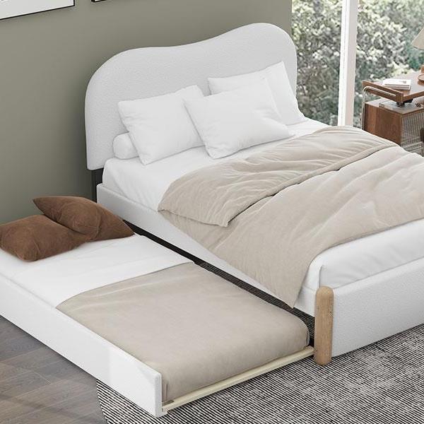 Full Size Upholstered Platform Bed with Wood Supporting Feet and Twin Size Trundle, White