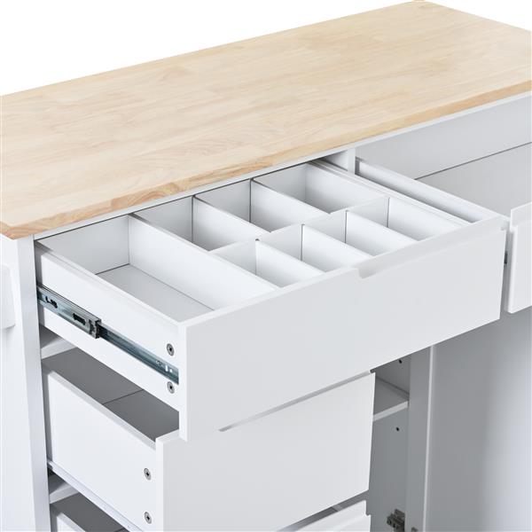 Kitchen Cart with Rubber Wood Countertop , Kitchen Island has 8 Handle-Free Drawers Including a Flatware Organizer and 5 Wheels for Kitchen Dinning Room, White