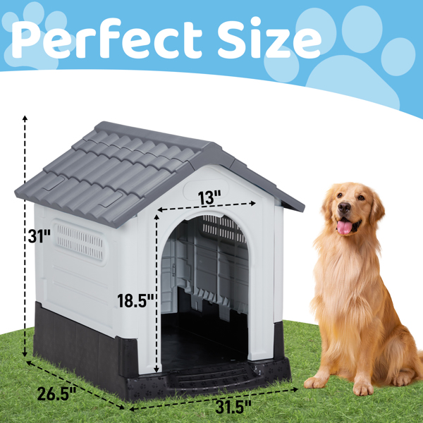 33 inch Large Plastic Dog House, Indoor Outdoor Doghouse Pet House with Air Vents and Elevated Floor, Insulated Water Resistant Puppy Shelter Kennel, Gray & White