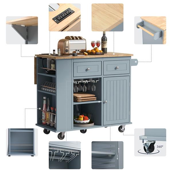 Kitchen Island with Power Outlet,Kitchen Storage Island with Drop Leaf and Rubber Wood,Open Storage and Wine Rack,5 Wheels,with Adjustable Storage for Home, Kitchen, and Dining Room, Grey Blue